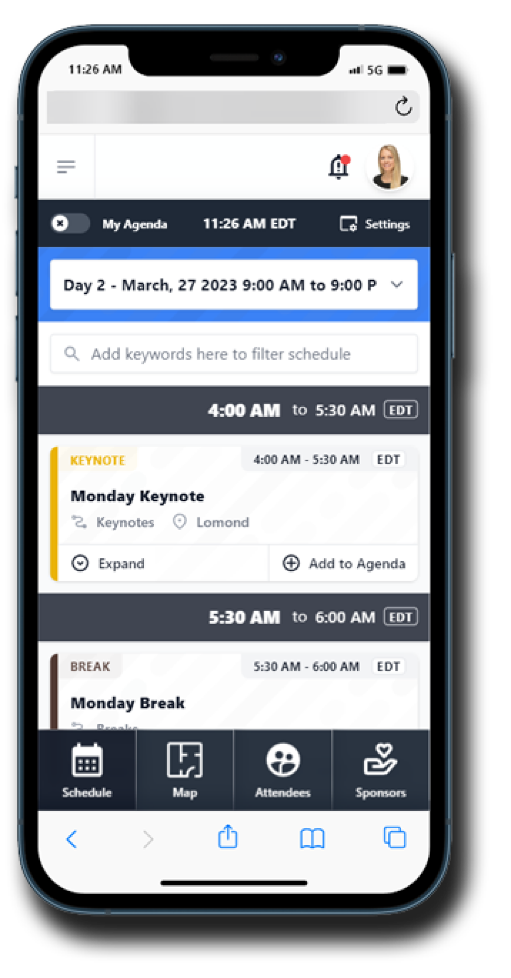 The CONFlux conference app on a smartphone, showing the day's schedule with keynote and break sessions.