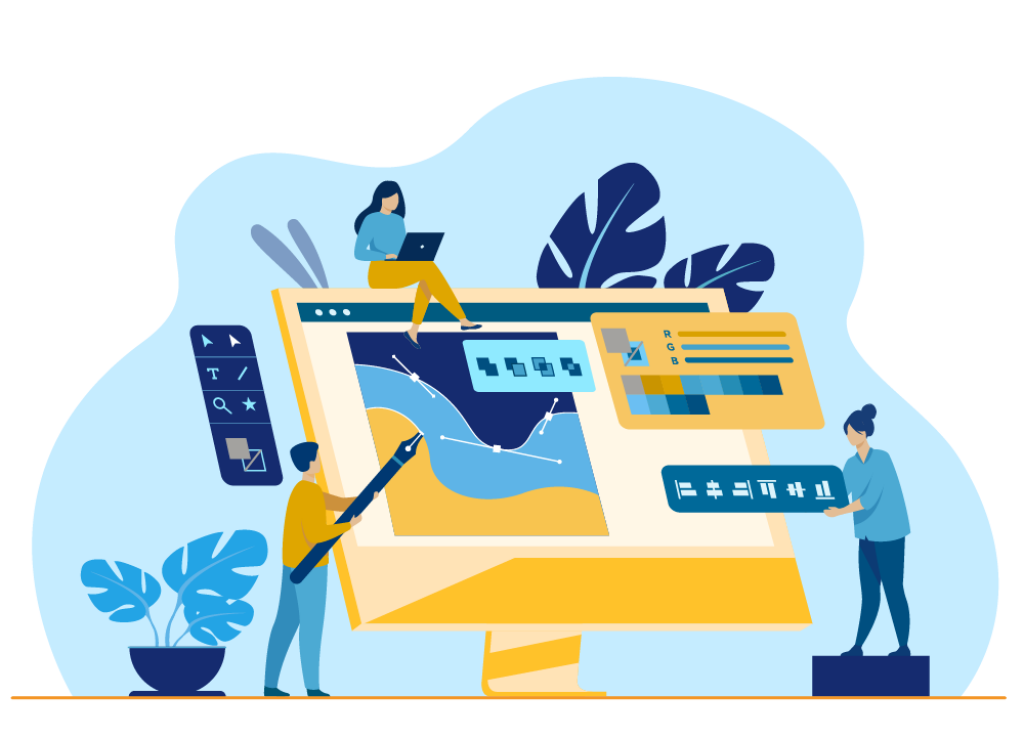 Illustration of designers creating graphics on a large computer screen with design tools and color swatches.