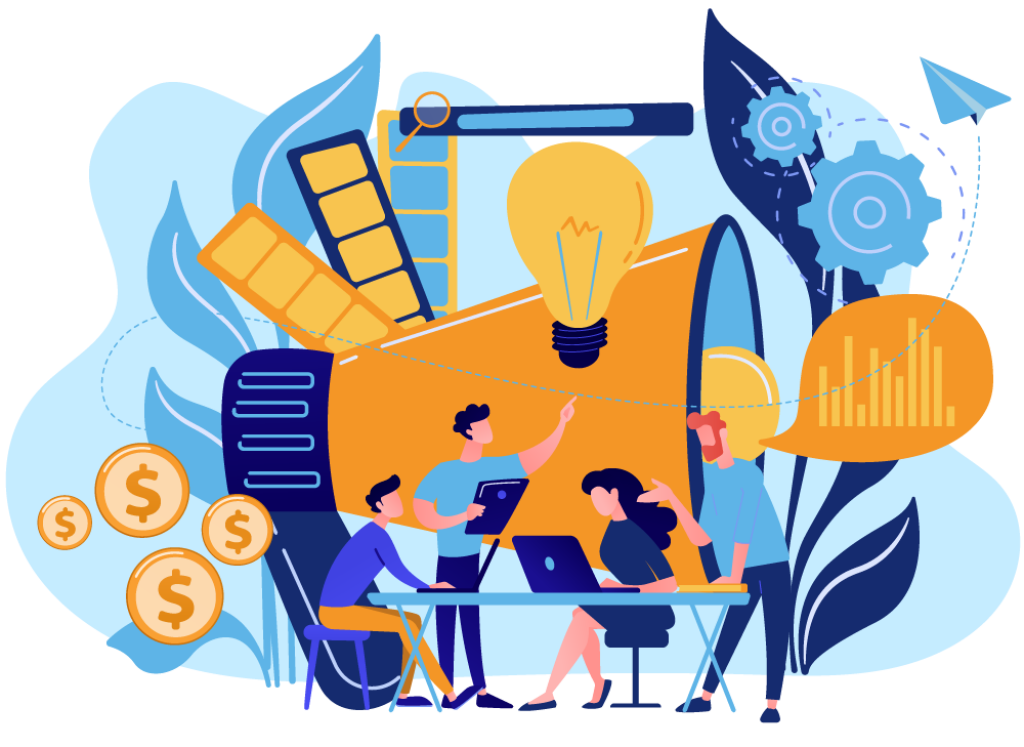 Illustration of a marketing team working around a megaphone, lightbulb, charts, and coins.