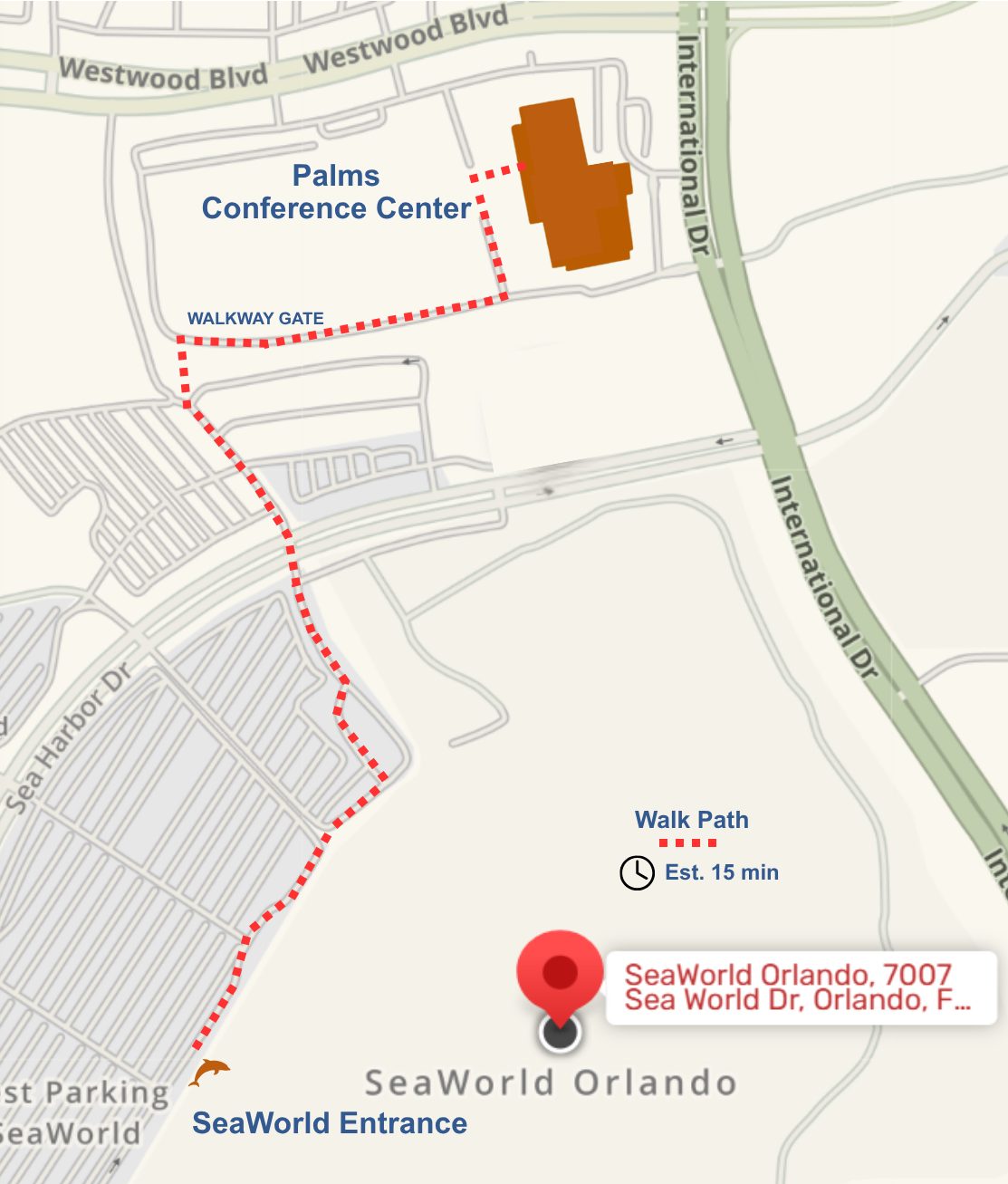 Map displaying the walking path to SeaWorld Orlando from the Palms Conference Center