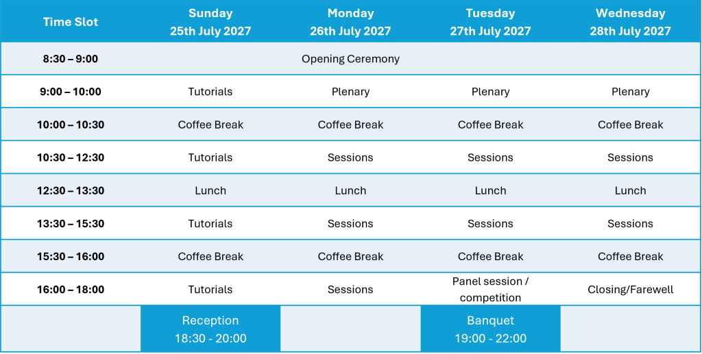CONFERENCE SCHEDULE - JULY 2027


Sunday, 25th July 2027
9:00 &ndash; 10:00 : Tutorials
10:00 &ndash; 10:30 : Coffee Break
10:30 &ndash; 12:30 : Tutorials
12:30 &ndash; 13:30 : Lunch
13:30 &ndash; 15:30 : Tutorials
15:30 &ndash; 16:00 : Coffee Break
16:00 &ndash; 18:00 : Tutorials
18:30 &ndash; 20:00 : Reception

Monday, 26th July 2027
8:30 &ndash; 9:00 : Opening Ceremony
9:00 &ndash; 10:00 : Plenary
10:00 &ndash; 10:30 : Coffee Break
10:30 &ndash; 12:30 : Sessions
12:30 &ndash; 13:30 : Lunch
13:30 &ndash; 15:30 : Sessions
15:30 &ndash; 16:00 : Coffee Break
16:00 &ndash; 18:00 : Sessions

Tuesday, 27th July 2027
9:00 &ndash; 10:00 : Plenary
10:00 &ndash; 10:30 : Coffee Break
10:30 &ndash; 12:30 : Sessions
12:30 &ndash; 13:30 : Lunch
13:30 &ndash; 15:30 : Sessions
15:30 &ndash; 16:00 : Coffee Break
16:00 &ndash; 18:00 : Panel session / competition
19:00 &ndash; 22:00 : Banquet

Wednesday, 28th July 2027
9:00 &ndash; 10:00 : Plenary
10:00 &ndash; 10:30 : Coffee Break
10:30 &ndash; 12:30 : Sessions
12:30 &ndash; 13:30 : Lunch
13:30 &ndash; 15:30 : Sessions
15:30 &ndash; 16:00 : Coffee Break
16:00 &ndash; 18:00 : Closing/Farewell.